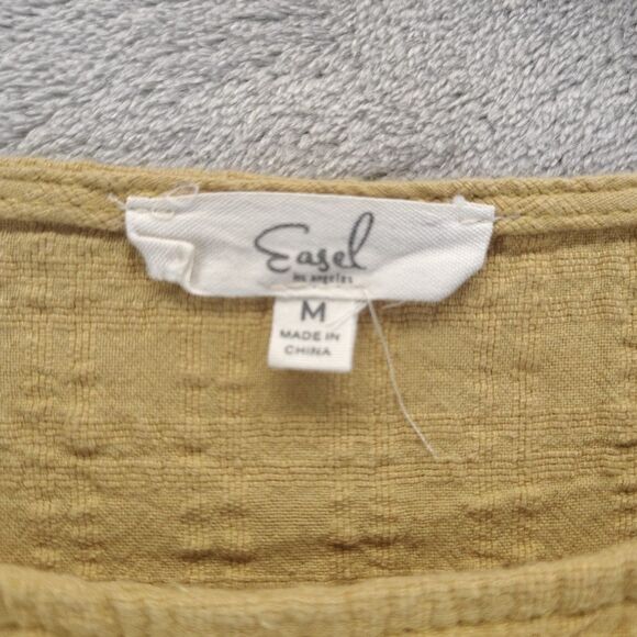 Easel Womens M Mustard Yellow Crinkle Cotton Batwing Eyelet Fabric Sleeve Blouse - Picture 2 of 12